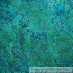 BonEful FABRIC FQ Cotton Quilt Aqua Blue Green Large Leaf Feather Fossil Nature
