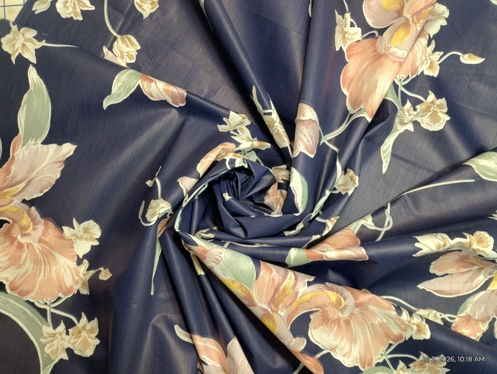 Vtg Glazed Chintz Fabric Navy Blue Iris Floral Polished Cotton 2.3 Yd Cut Selvag