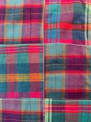 Fabric -Madras Woven Plaid Patchwork Sewn 3×3 Squares Grunge Indie Boho Sold BTY