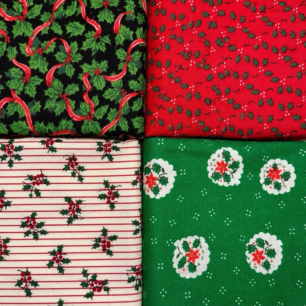 4 Vintage Christmas Holly Fabric Lot Red Green White Quilting Craft Sewing NOS
