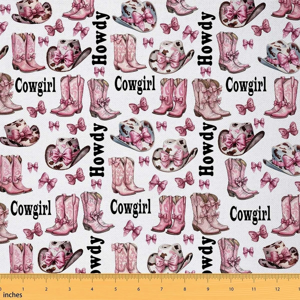 Western Cowgirl Fabric by The Yard,Cowgirl Cap Boots Rustic Cowhide Print Fab…