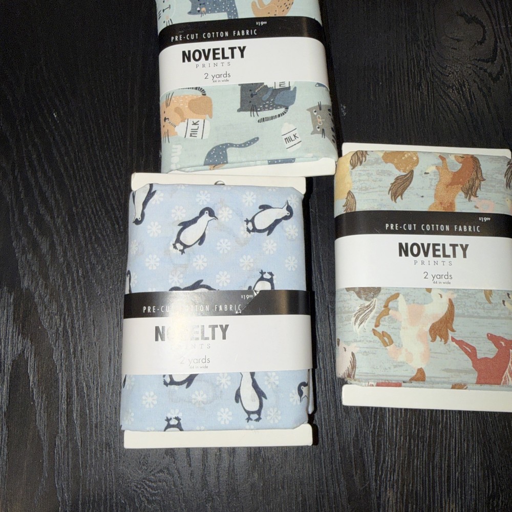 NOVELTY PRINTS PRE CUT COTTON FABRIC 2 yards HORSES PINGINES CATS 3 In Total
