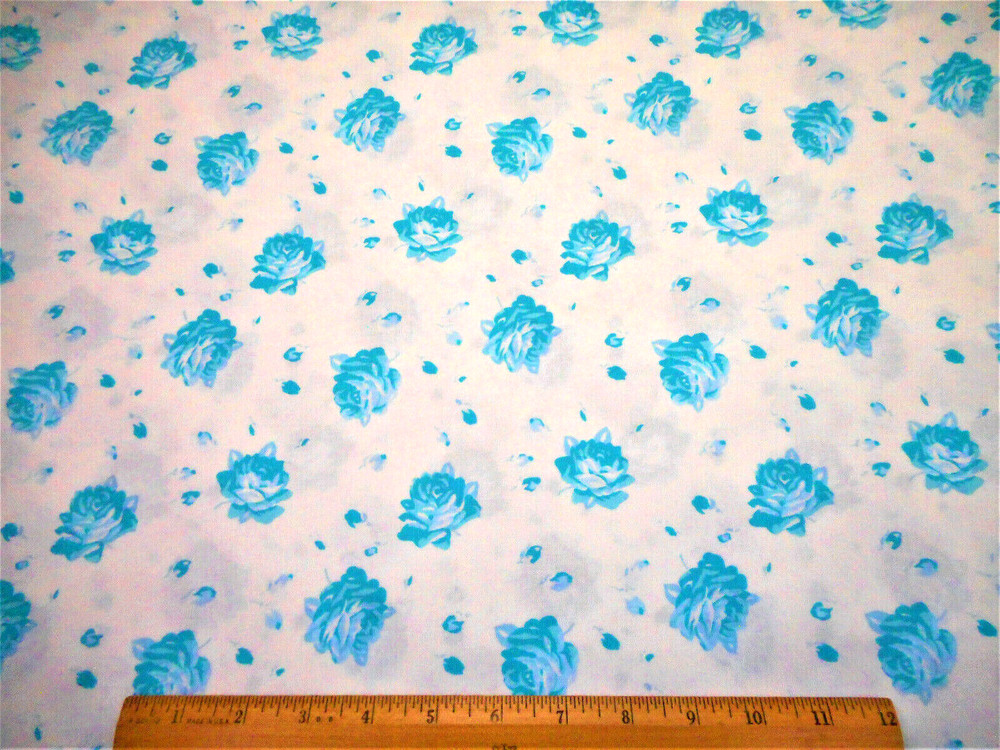 Floral Fabric 1 2/3 Yard Turquoise Blue & Teal Roses on White Premium Cotton #C