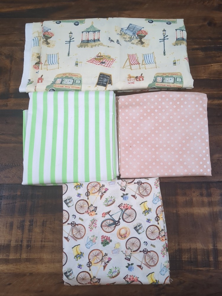 Lot of Fabric, pink and green, 1lb 4oz, bike, picnic, stripes, dots