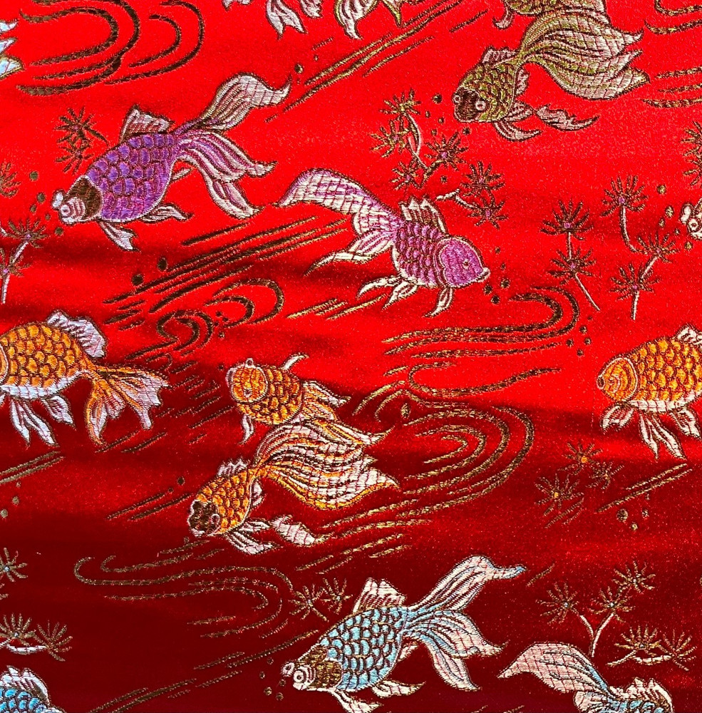 Chinese Vintage Goldfish Brocade Fabric – 3 of 17″ x 26. Color: Red Gold