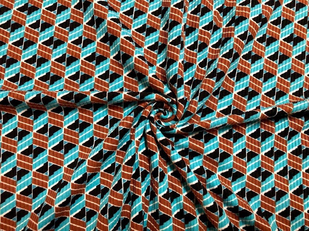 Rib Knit Fabric Teal Rust Geometric 3D Cube 4 Way Stretch 60″W Yard-RBPR053