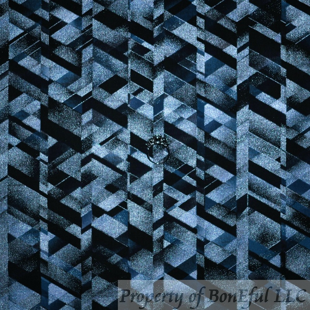 BonEful Fabric FQ Cotton Quilt Black White B&W Tone Prism Silver Metallic Print