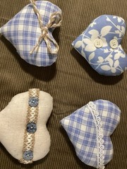 Soft Country Blue And Cream Fabric Stuffed Hearts. Embellished By Hand.