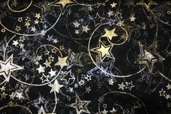 GOLD AND SILVER METALLIC STARS ON BLACK SHEER – 100% POLYESTER FABRIC