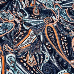 Blue and Orange Paisley Print Stretch Fabric 60″wide Swimsuit Spandex By Yard
