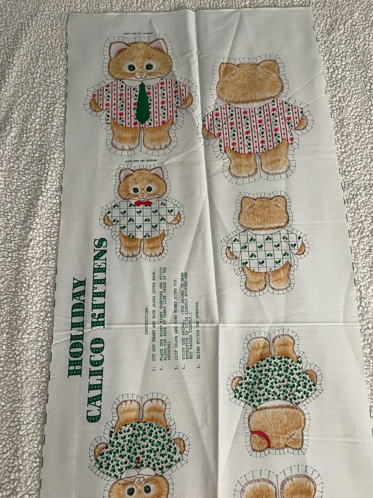 Cut ‘n Sew Holiday Calico Kittens Fabric Panel Uncut Spring Mills Vintage 1980s