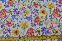 By 1/2 Yd, Colorful Flowers Butterflies & Bees on Cream Quilt Cotton, RJR, B1515