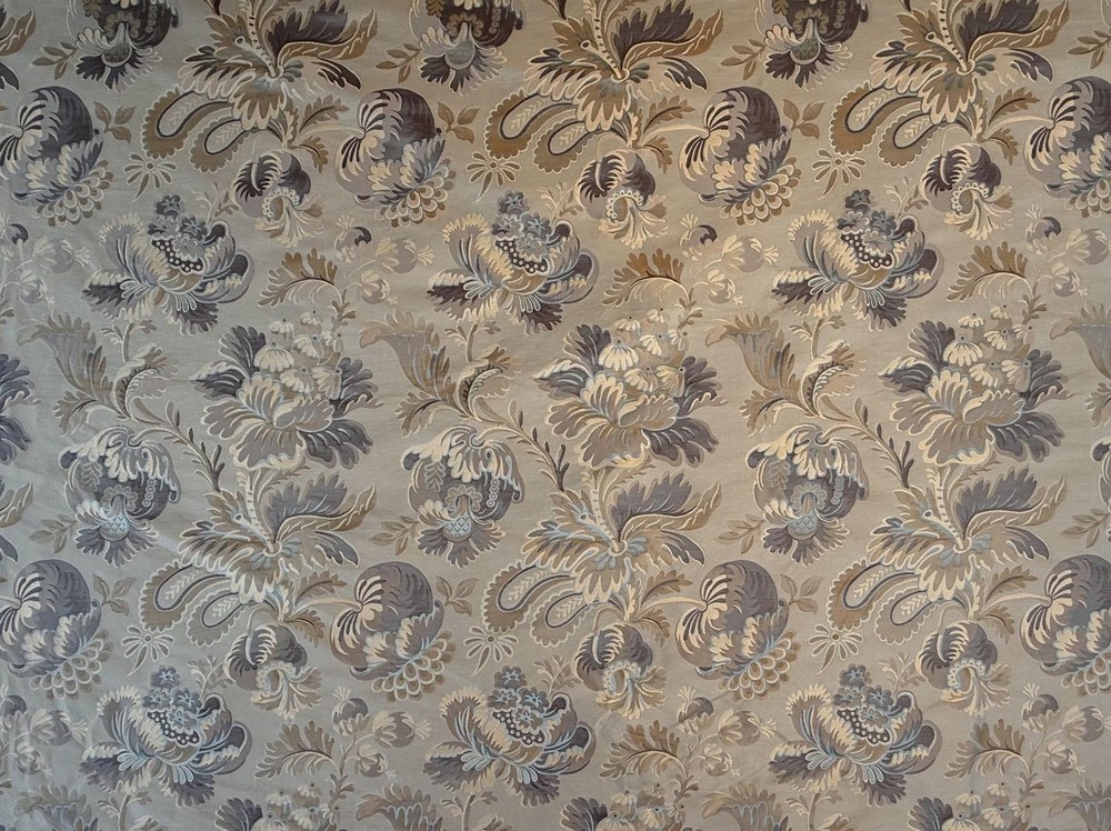 100% Silk Lampas French Pomegranate “whiskey” Blue Tan Gold Historical Design