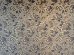 100% Silk Lampas French Pomegranate “whiskey” Blue Tan Gold Historical Design