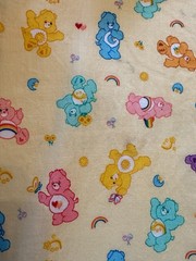 Care Bears Hearts, Moon etc. on Yellow Fabric by Cranston 2004 OOP BTFQ