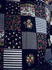 VTG Black & Brights Faux Ditsy Dots & Stripe Patchwork 3 ” SQ Cheater Quilt BTFQ