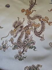Chinese dragon and phoenix pattern brocade fabric, satin sheen, 45×142 inches
