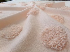 blush pink vtg style chenille bedspread fabric, big dots 18″ x 24″ quilt piece