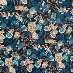 New HSoleil Fabric 8.75 yds Wonder Forest Rayon Turquoise Flowers on Blue Japan