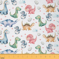 Kawaii Dino Upholstery Fabric, Kids Cartoon Egg Cute Art Indoor/Not Stretchy, An